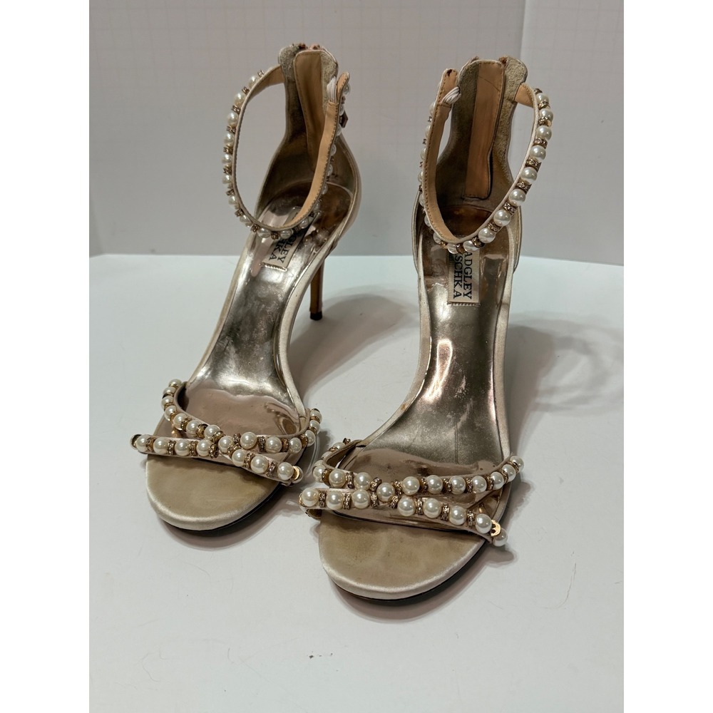 Badgley Mischka Pearl Crystal Embellished Satin Sandals Champagne Gold 8.5